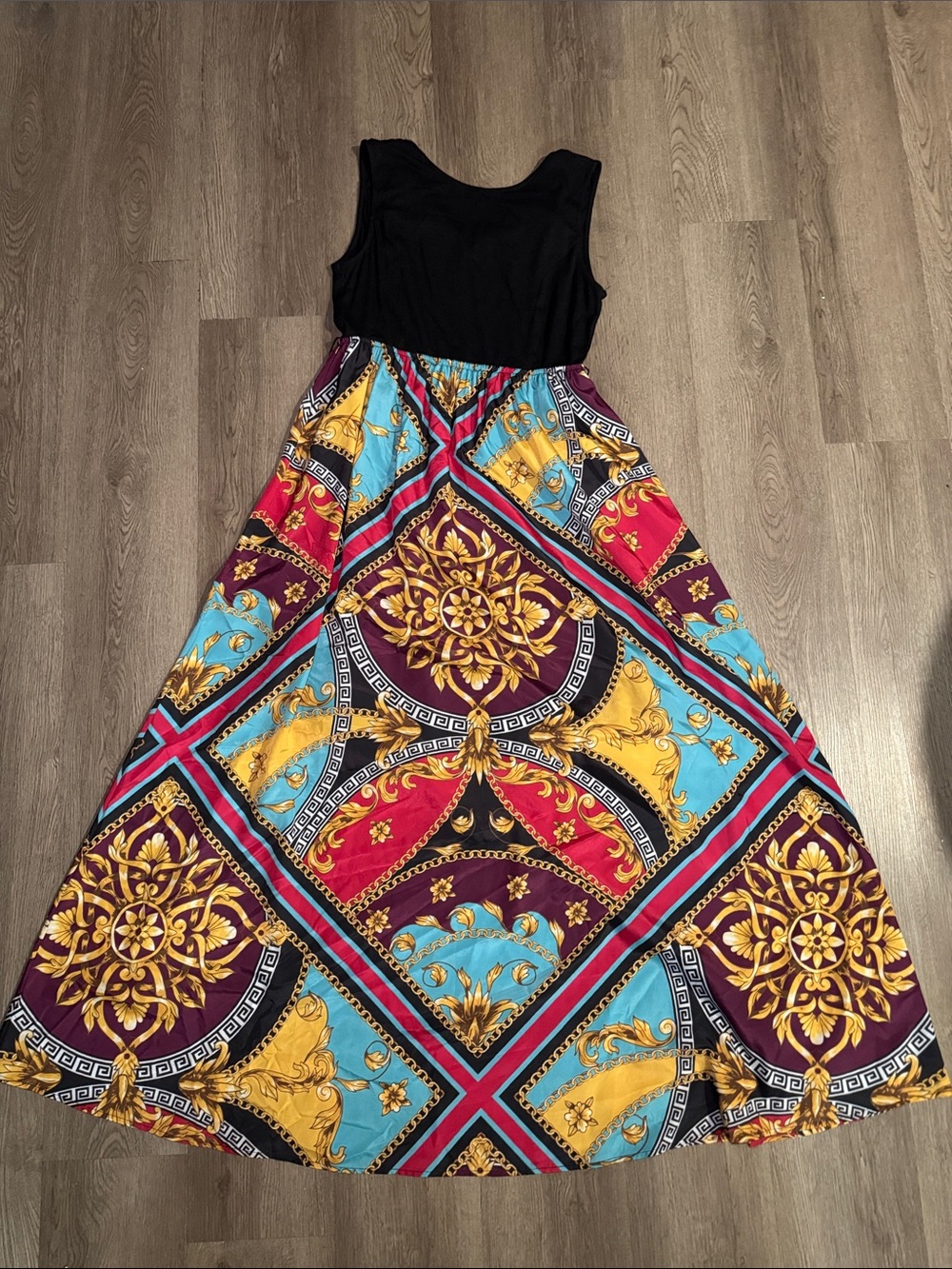 New York & Company Black Bodice Multicolor Baroque Print Maxi Dress